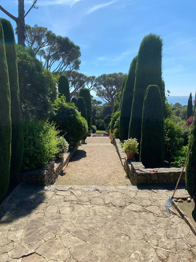 Allée de gravier clair bordée de cyprès et de topiaires, ouverte sur la mer, dans un jardin de Gassin